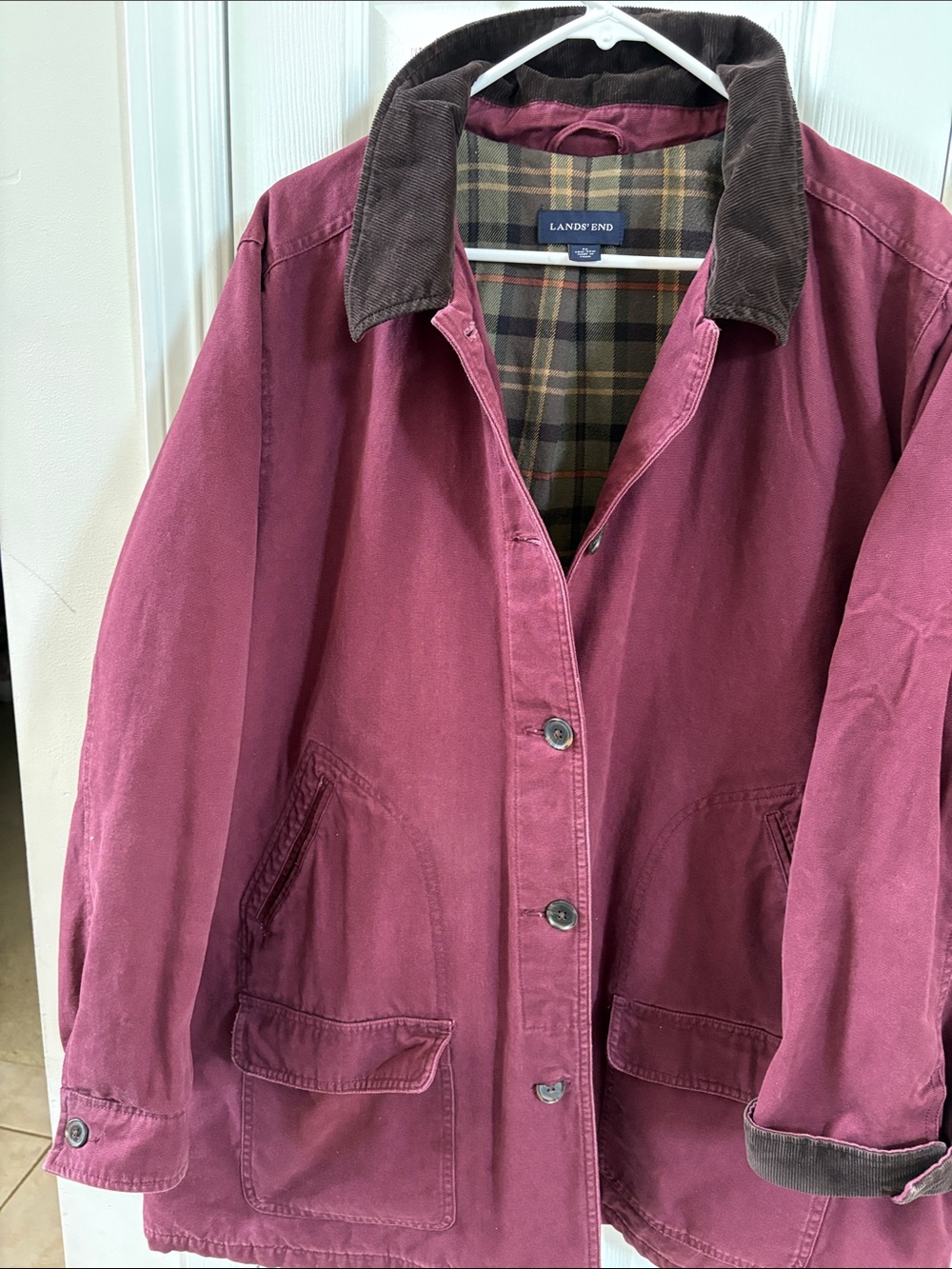 Lands' End Women's Burgundy Cotton Jacket with Corduroy Collar Vintage Farm Coat - Picture 5 of 7